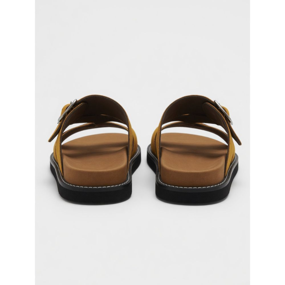 Classic Tan Multi Strap Slide Sandals with Adjustable Buckle